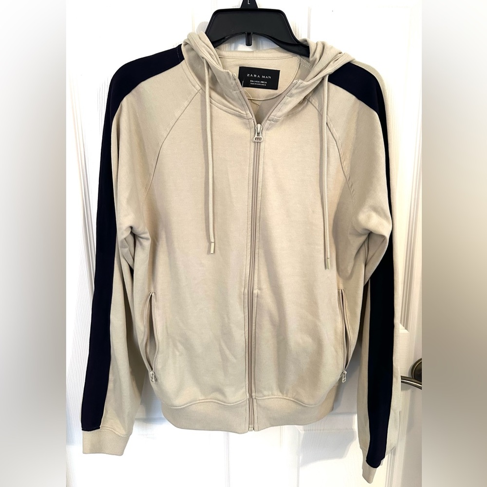 Zara Man Beige with Navy Blue Striped Zip Up Hoodie Size Small